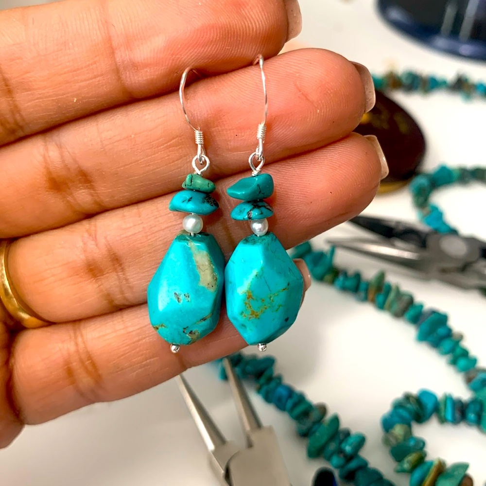 Turquoise earrings and freshwater pearls and sterling silver. 1.5in
